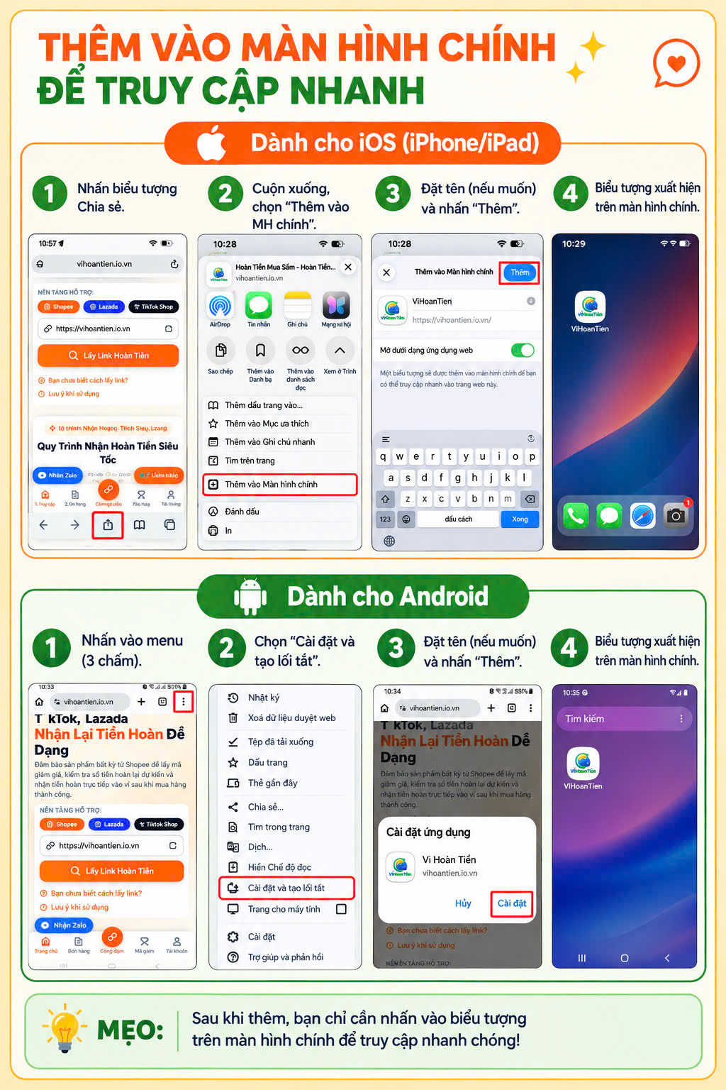 Hướng dẫn thêm vào màn hình chính trên iOS và Android